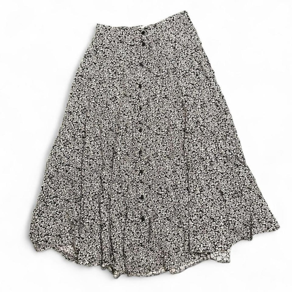 Vintage Y2K Kathie Lee Monochrome Button‎ Up Floral Flowy Maxi Skirt Boho